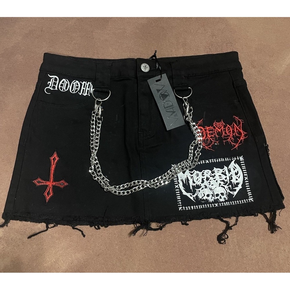 Dolls Kill Widow Noise Annoys Mini Black Denim Skirt Size M Punk Grunge Goth - Picture 2 of 13